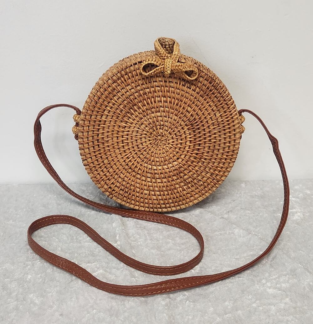 Women Handwoven Round Rattan Crossbody Handbag
